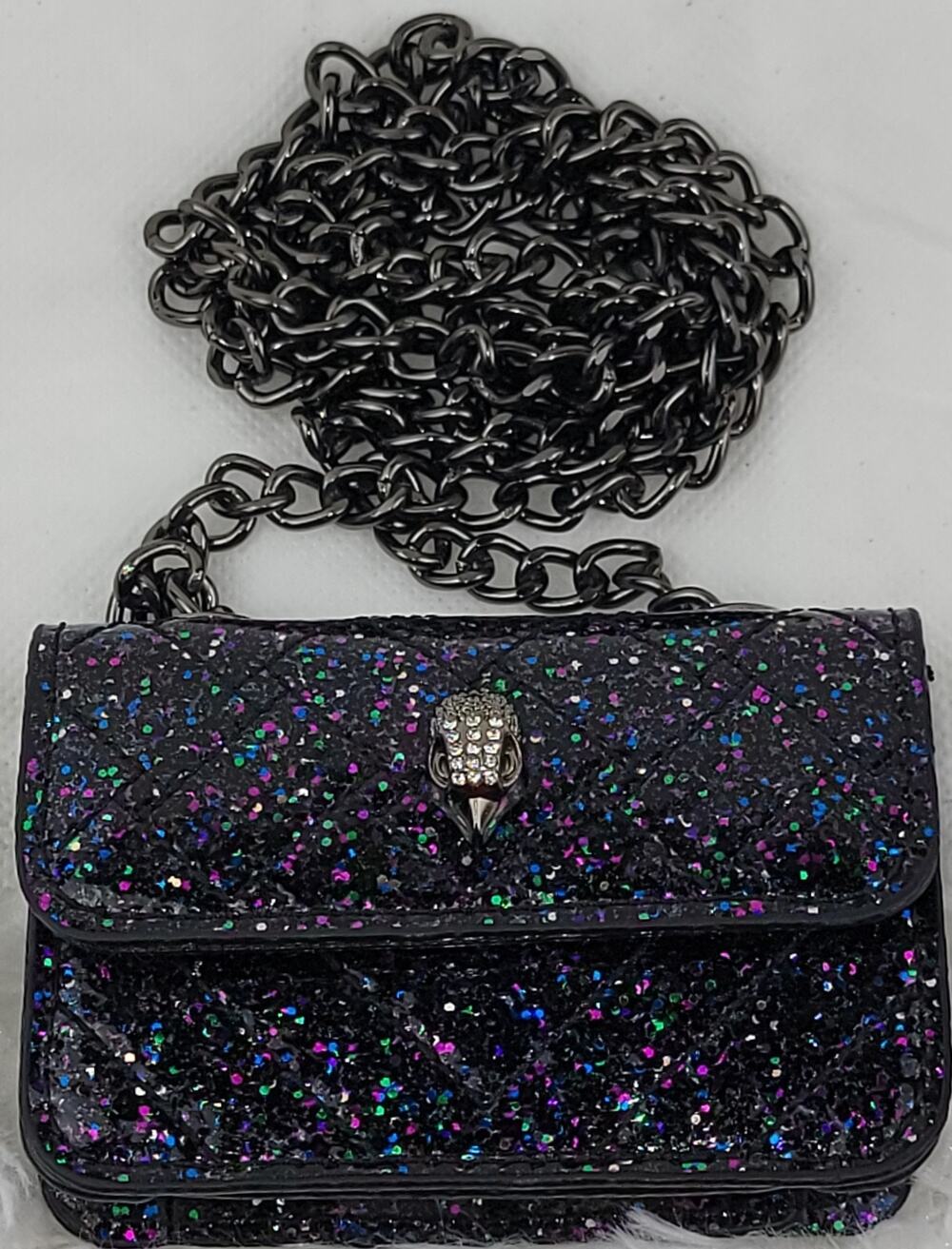 Designer Micro Mini Purse Metallic Black Glitter Crossbody Chain Bag Eagle New